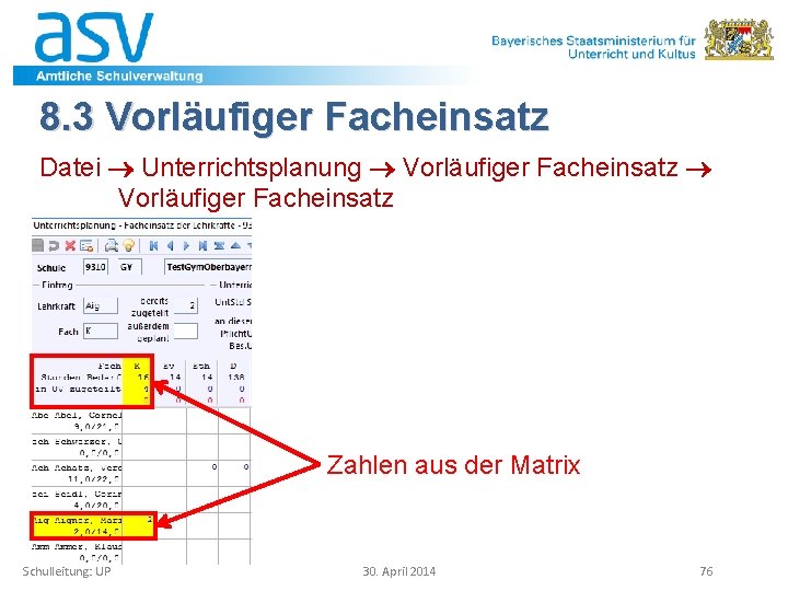 8. 3 Vorläufiger Facheinsatz Datei Unterrichtsplanung Vorläufiger Facheinsatz Zahlen aus der Matrix Schulleitung: UP