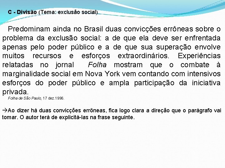 C - Divisão (Tema: exclusão social) Predominam ainda no Brasil duas convicções errôneas sobre