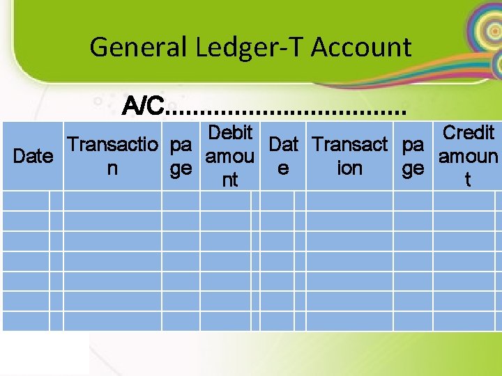 General Ledger-T Account A/C. . . . . Debit Credit Transactio pa Dat Transact