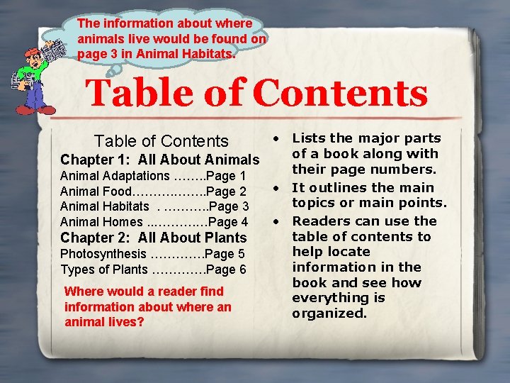 The information about where animals live would be found on page 3 in Animal