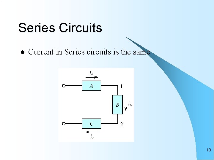 Series Circuits l Current in Series circuits is the same 10 