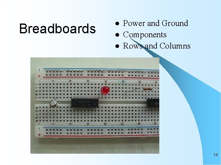 Breadboards l l l Power and Ground Components Rows and Columns 14 