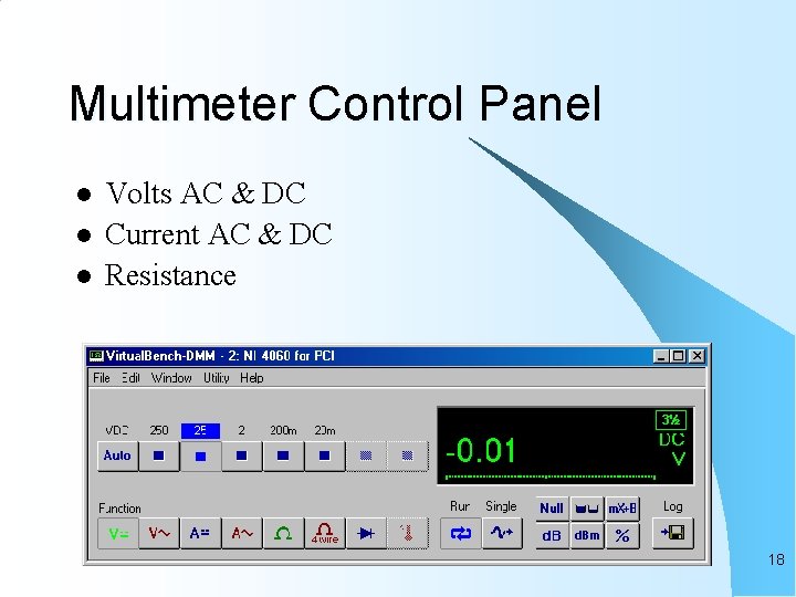 Multimeter Control Panel l Volts AC & DC Current AC & DC Resistance 18