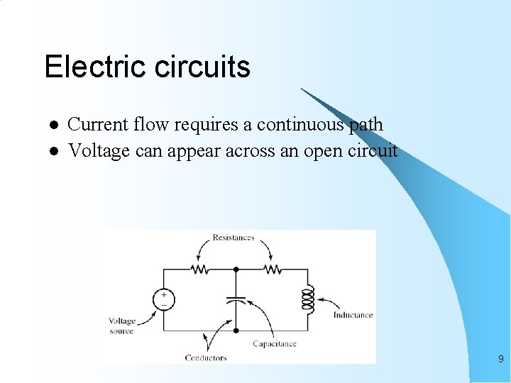Electric circuits l l Current flow requires a continuous path Voltage can appear across