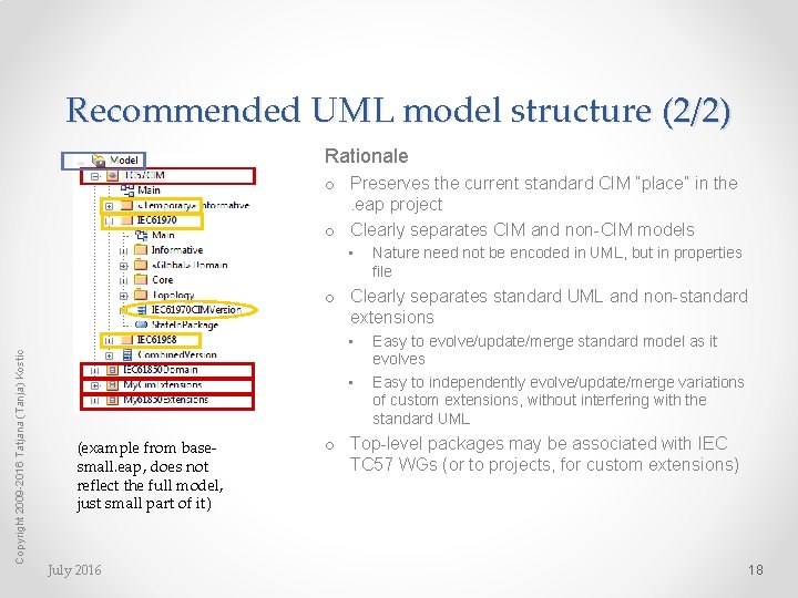 Recommended UML model structure (2/2) Rationale o Preserves the current standard CIM “place” in