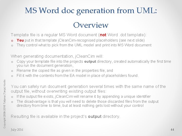 MS Word doc generation from UML: Overview Template file is a regular MS Word