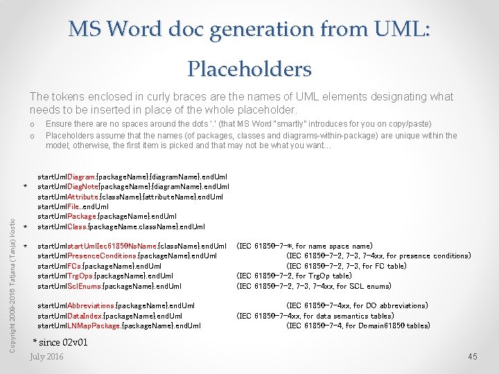 MS Word doc generation from UML: Placeholders The tokens enclosed in curly braces are
