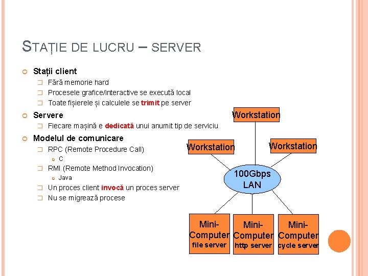 STAȚIE DE LUCRU – SERVER Stații client � Fără memorie hard � Procesele grafice/interactive