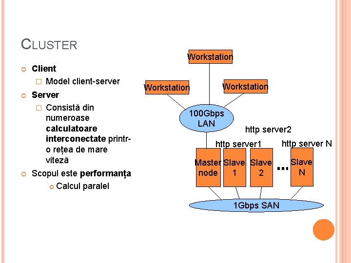 CLUSTER Client � Model client-server Server � Consistă din numeroase calculatoare interconectate printro rețea