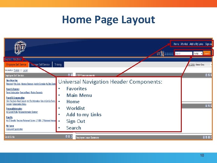 Home Page Layout Universal Navigation Header Components: • • Favorites Main Menu Home Worklist