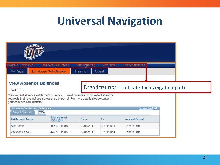 Universal Navigation Breadcrumbs – Indicate the navigation path. 21 