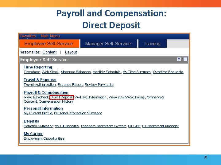 Payroll and Compensation: Direct Deposit 31 