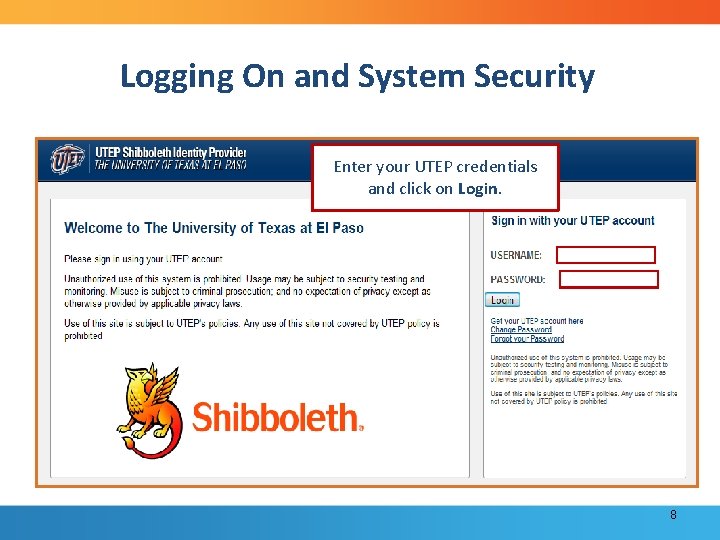 Logging On and System Security Enter your UTEP credentials and click on Login. 8