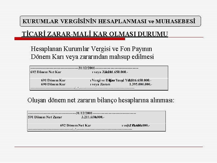 KURUMLAR VERGİSİNİN HESAPLANMASI ve MUHASEBESİ TİCARİ ZARAR-MALİ KAR OLMASI DURUMU Hesaplanan Kurumlar Vergisi ve