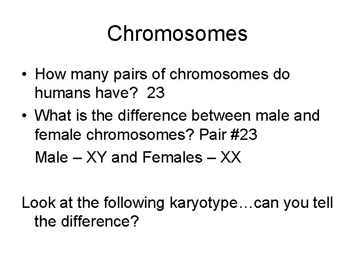 Chromosomes • How many pairs of chromosomes do humans have? 23 • What is