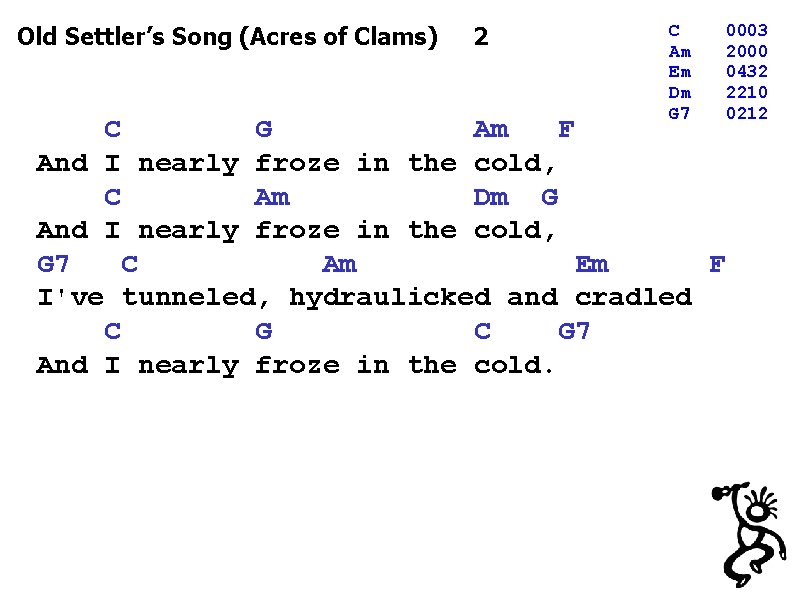 Old Settler’s Song (Acres of Clams) 2 C Am Em Dm G 7 C