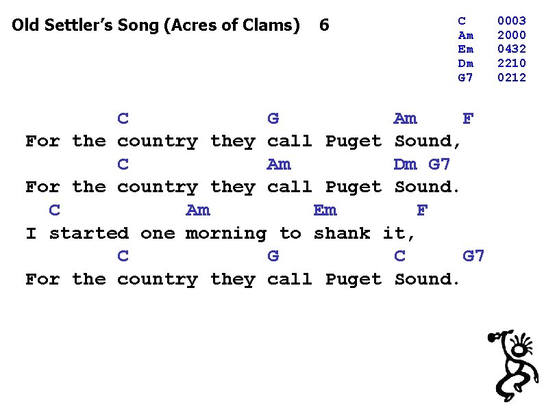 Old Settler’s Song (Acres of Clams) 6 C Am Em Dm G 7 C