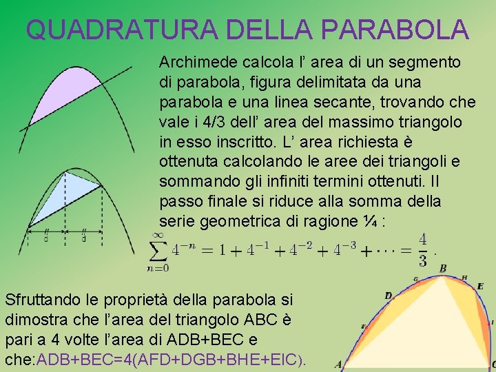 QUADRATURA DELLA PARABOLA Archimede calcola l’ area di un segmento di parabola, figura delimitata