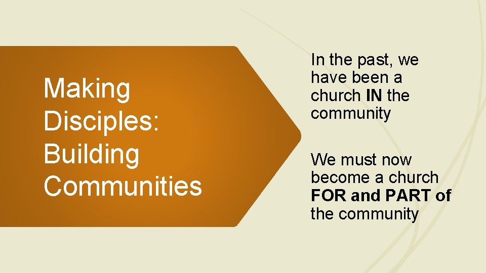 Making Disciples: Building Communities In the past, we have been a church IN the