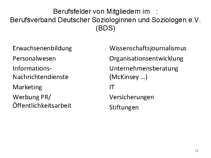 Berufsfelder von Mitgliedern im : Berufsverband Deutscher Soziologinnen und Soziologen e. V. (BDS) Erwachsenenbildung