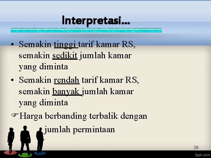Interpretasi… • Semakin tinggi tarif kamar RS, semakin sedikit jumlah kamar yang diminta •