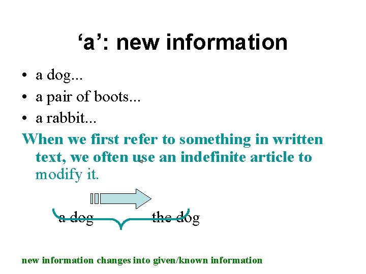 ‘a’: new information • a dog. . . • a pair of boots. .