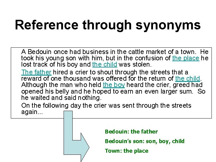 Reference through synonyms A Bedouin once had business in the cattle market of a