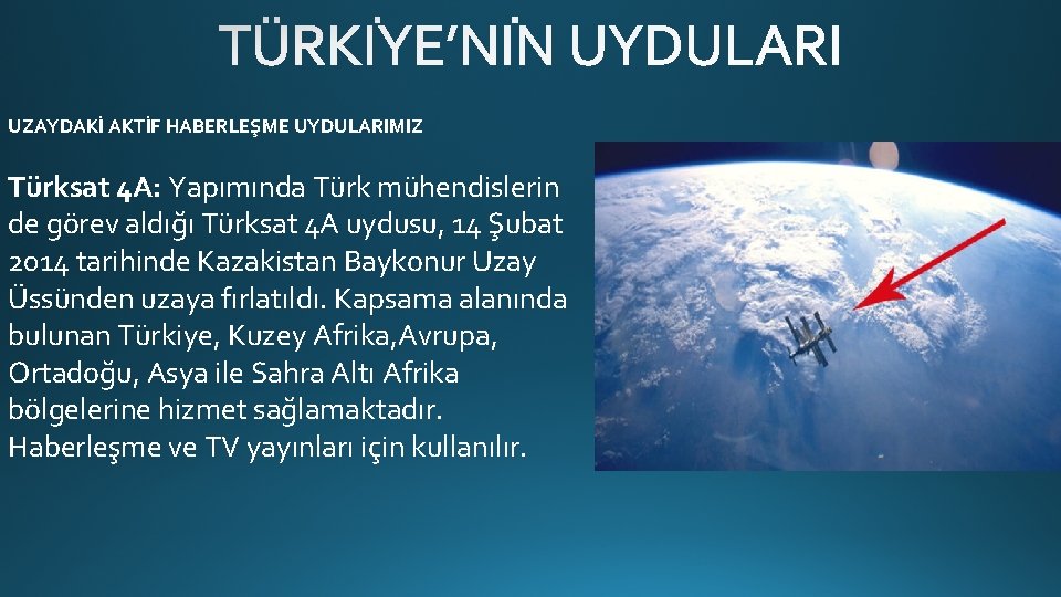 UZAYDAKİ AKTİF HABERLEŞME UYDULARIMIZ Türksat 4 A: Yapımında Türk mühendislerin de görev aldığı Türksat