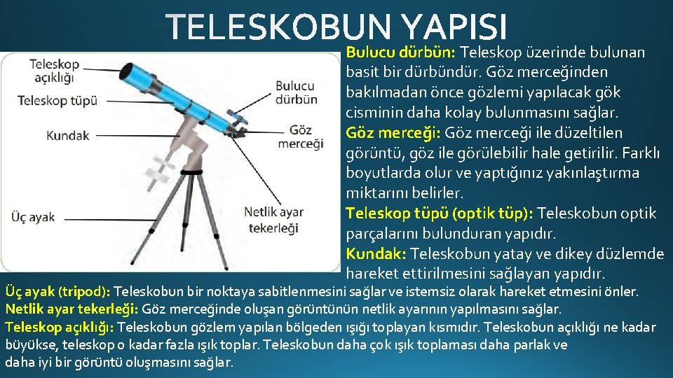 Bulucu dürbün: Teleskop üzerinde bulunan basit bir dürbündür. Göz merceğinden bakılmadan önce gözlemi yapılacak