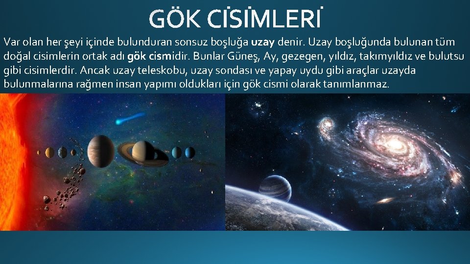 Var olan her şeyi içinde bulunduran sonsuz boşluğa uzay denir. Uzay boşluğunda bulunan tüm