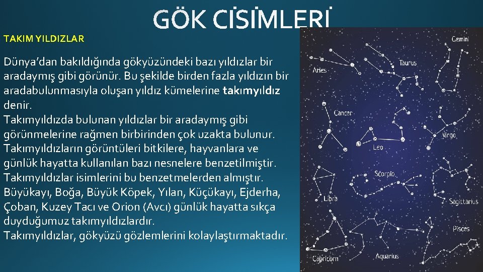 TAKIM YILDIZLAR Dünya’dan bakıldığında gökyüzündeki bazı yıldızlar bir aradaymış gibi görünür. Bu şekilde birden