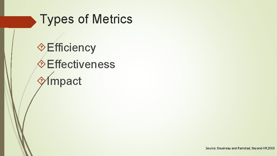 Types of Metrics Efficiency Effectiveness Impact Source: Boudreau and Ramstad, Beyond HR, 2003 