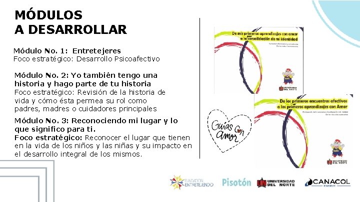 MÓDULOS A DESARROLLAR Módulo No. 1: Entretejeres Foco estratégico: Desarrollo Psicoafectivo Módulo No. 2: