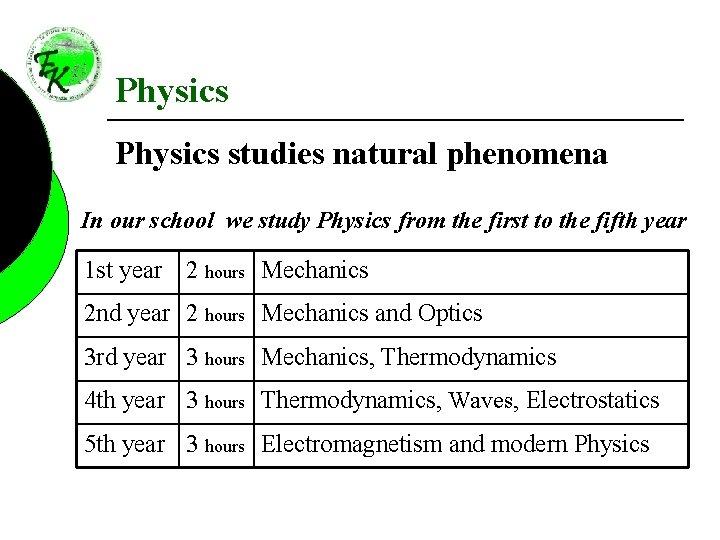 Physics studies natural phenomena In our school we study Physics from the first to