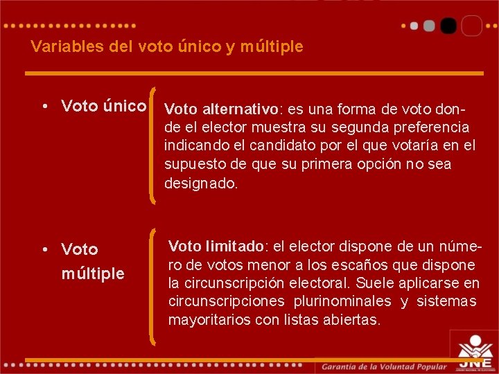 Variables del voto único y múltiple • Voto único Voto alternativo: es una forma