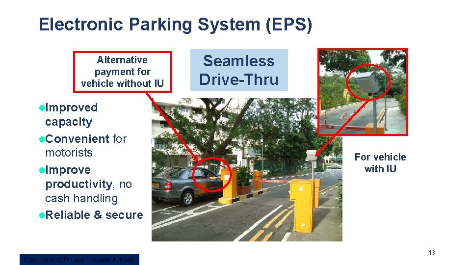 Electronic Parking System (EPS) Alternative payment for vehicle without IU Seamless Drive-Thru l. Improved