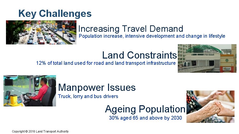 Key Challenges Increasing Travel Demand Population increase, intensive development and change in lifestyle Land