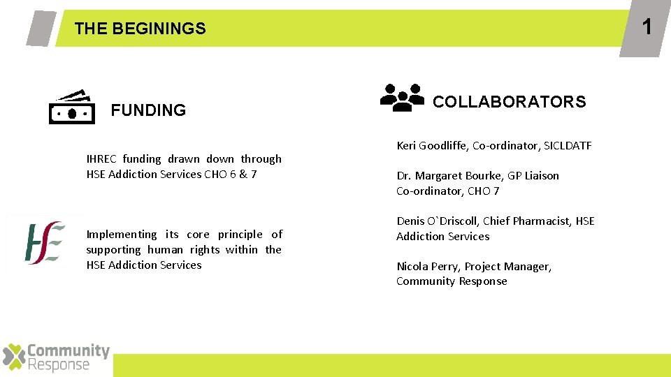 1 THE BEGININGS FUNDING IHREC funding drawn down through HSE Addiction Services CHO 6 1 THE BEGININGS FUNDING IHREC funding drawn down through HSE Addiction Services CHO 6