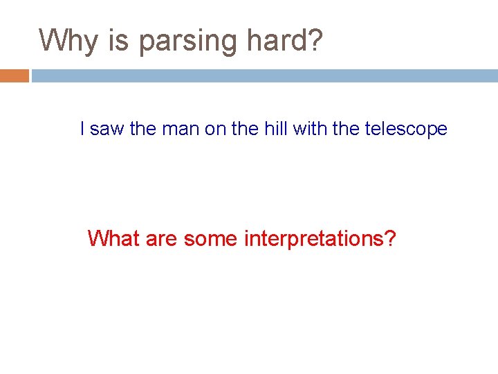 Why is parsing hard? I saw the man on the hill with the telescope Why is parsing hard? I saw the man on the hill with the telescope