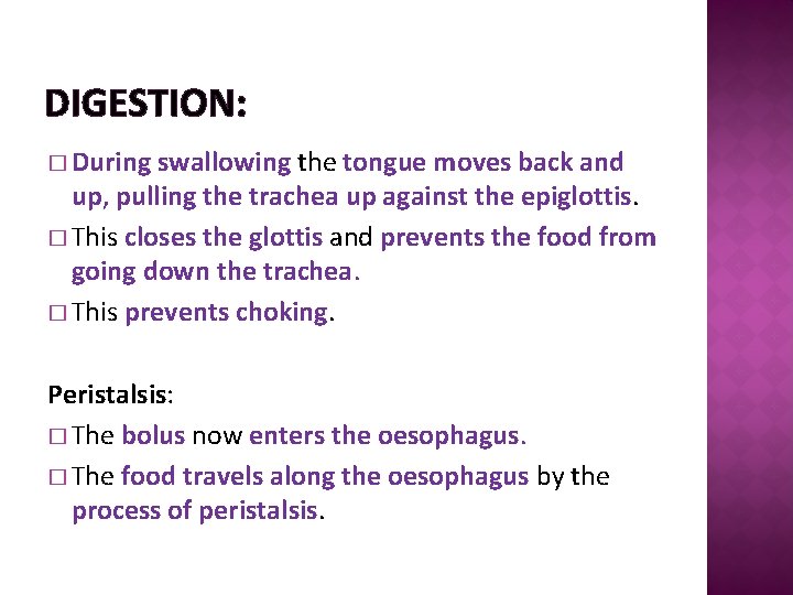 DIGESTION: � During swallowing the tongue moves back and up, pulling the trachea up