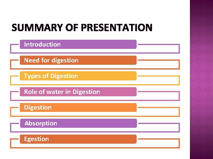 SUMMARY OF PRESENTATION Introduction Need for digestion Types of Digestion Role of water in