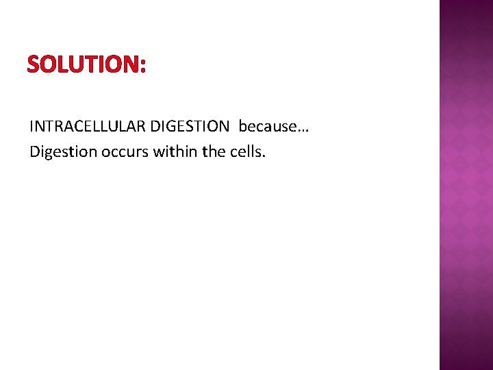 SOLUTION: INTRACELLULAR DIGESTION because… Digestion occurs within the cells. 