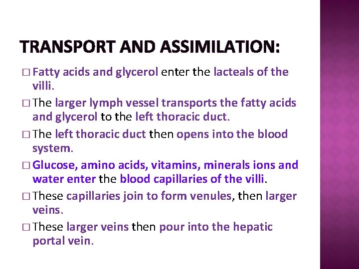 TRANSPORT AND ASSIMILATION: � Fatty acids and glycerol enter the lacteals of the villi.
