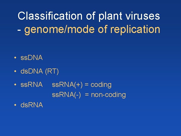Classification of plant viruses - genome/mode of replication • ss. DNA • ds. DNA Classification of plant viruses - genome/mode of replication • ss. DNA • ds. DNA