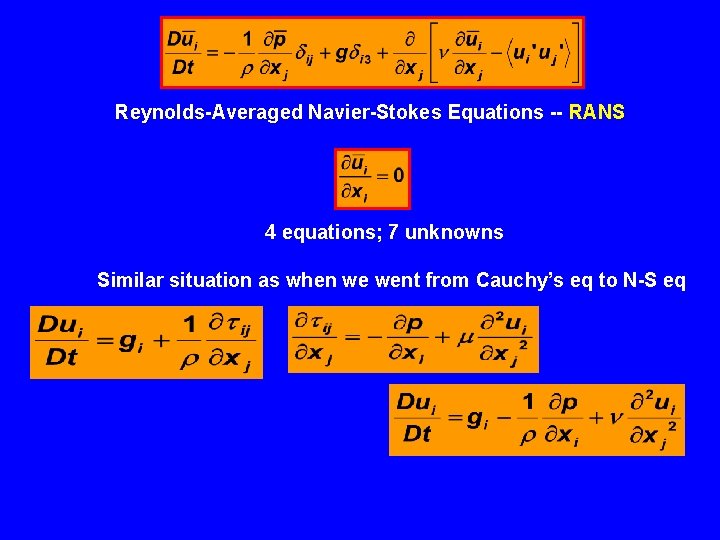 Reynolds-Averaged Navier-Stokes Equations -- RANS 4 equations; 7 unknowns Similar situation as when we