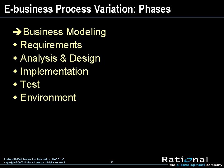 E-business Process Variation: Phases èBusiness Modeling w Requirements w Analysis & Design w Implementation