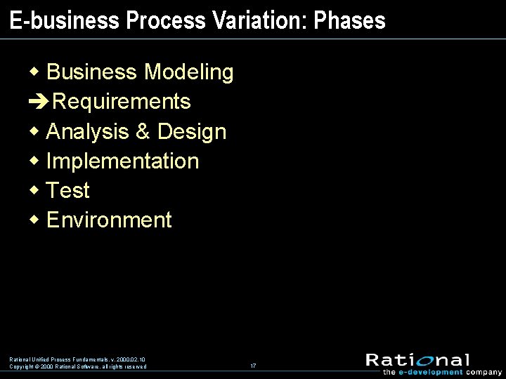 E-business Process Variation: Phases w Business Modeling èRequirements w Analysis & Design w Implementation