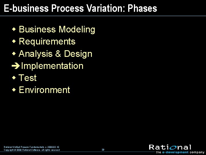 E-business Process Variation: Phases w Business Modeling w Requirements w Analysis & Design èImplementation
