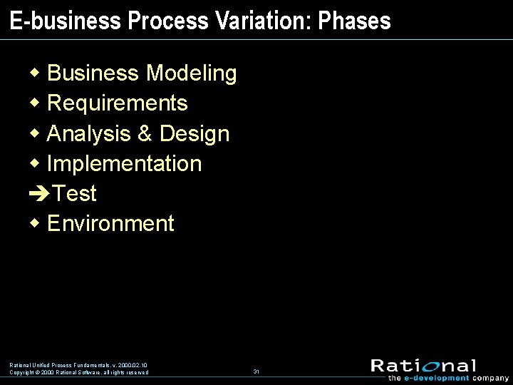 E-business Process Variation: Phases w Business Modeling w Requirements w Analysis & Design w