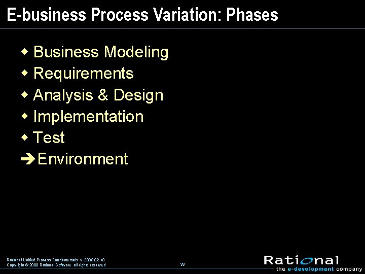E-business Process Variation: Phases w Business Modeling w Requirements w Analysis & Design w